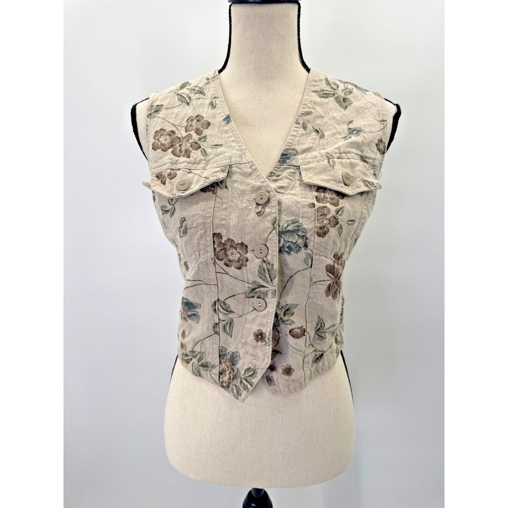 VTG 90s Linen Vest 10 Pockets Floral Granola Breathable Cropped Deep V Layers